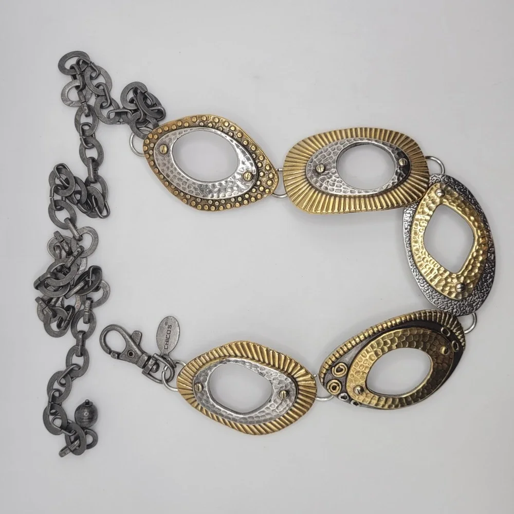 Chico's Belt OS Gold Silver Mixed Metal Hammered Oval Link Chain Adjustable Boho